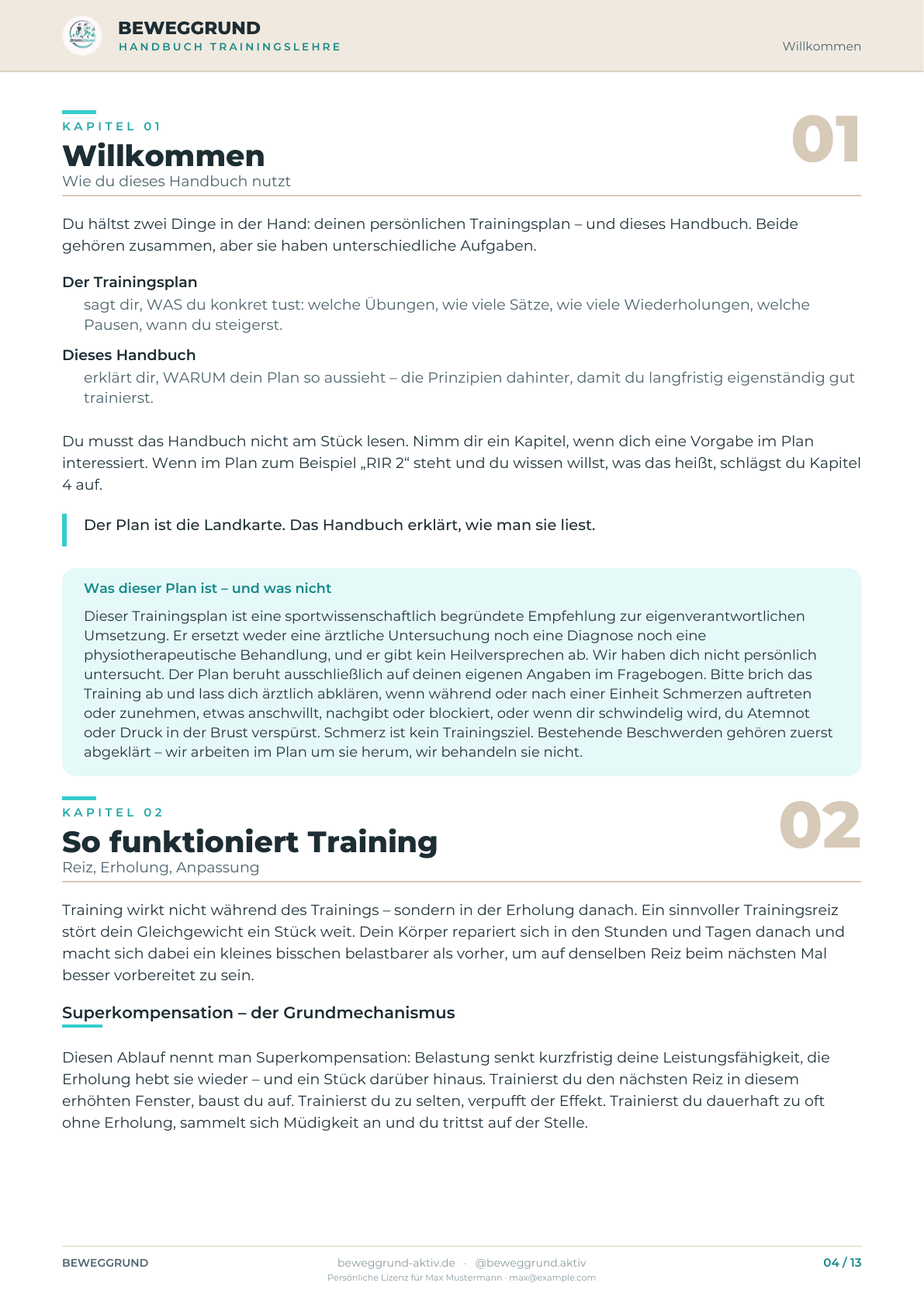 Seite aus dem Handbuch Trainingslehre: Kapitel Willkommen und So funktioniert Training